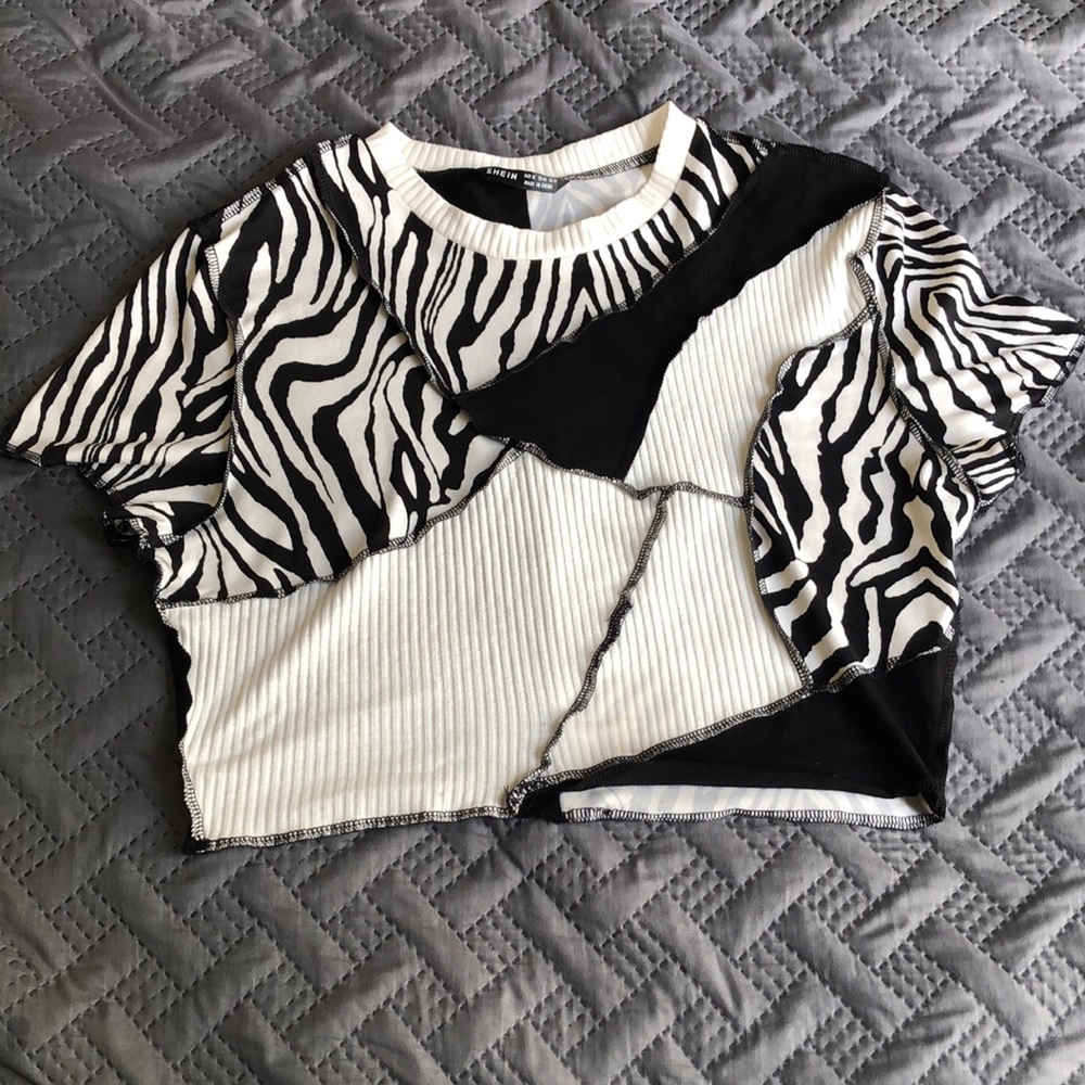 SHEIN Zebra B&W Patchwork Crop Top